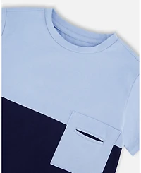 Deux par Big Boys Cotton Colorblock Jersey T-Shirt with Chest Pocket Dark Blue