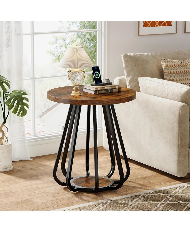 Tribesigns Small Round Side Table, 2-Tier Sofa End Table with Metal Frame and Lower Shelf, Wooden Bedside Nightstand, Vintage Brown & Black