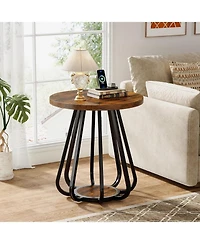 Tribesigns Small Round Side Table, 2-Tier Sofa End Table with Metal Frame and Lower Shelf, Wooden Bedside Nightstand, Vintage Brown & Black