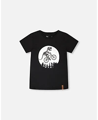 Deux par Deux Big Boys Cotton Jersey T-Shirt with Dino On Bike Print
