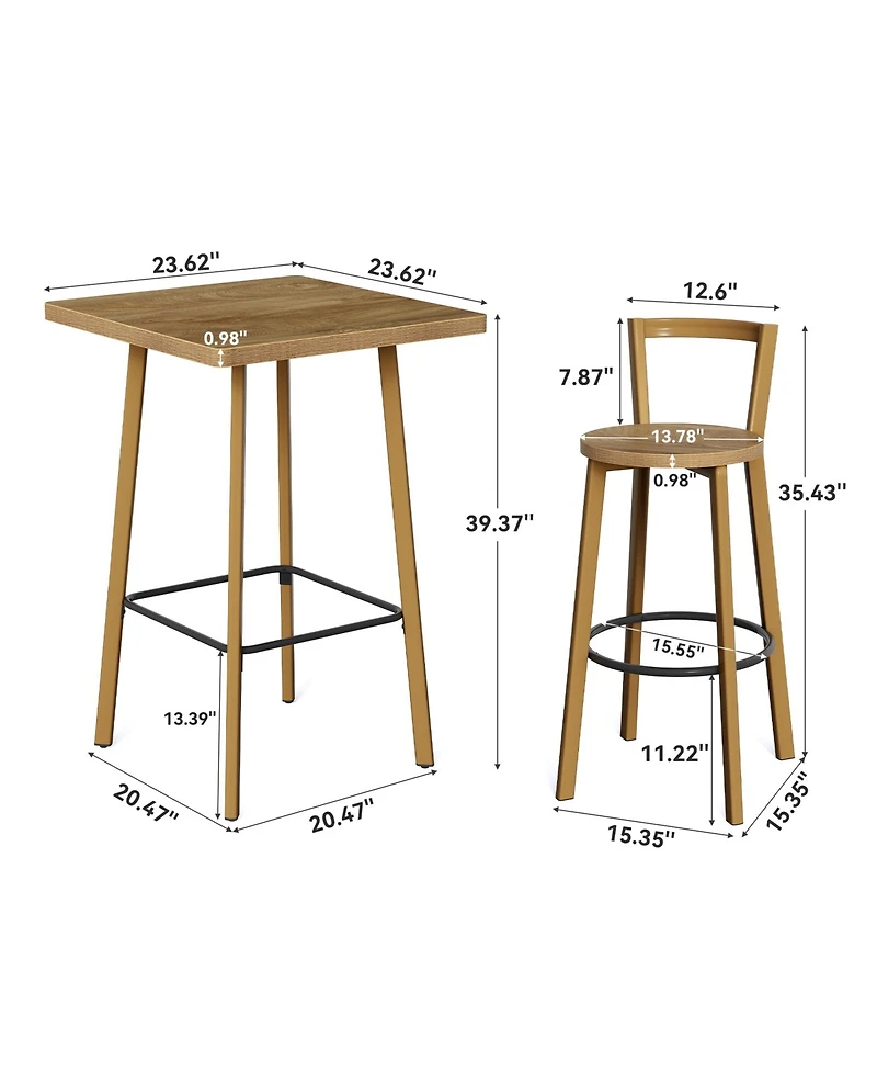 Tribesigns Bar Set, Bar Table and Chairs, 39.4" H Square Bistro Pub Table with 2 Chairs, Bar Height Table with Footrest, Small Cocktail Tables