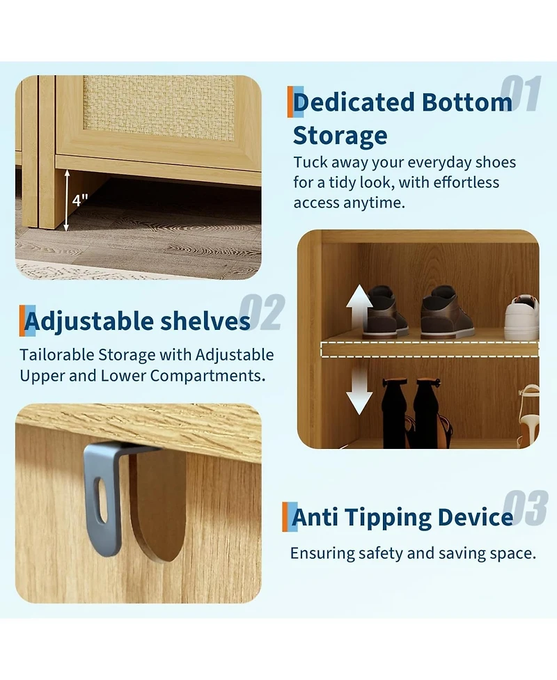 Gaomon Entryway Rattan Shoe Cabinet, Wooden Storage with Adjustable Shelves and Guardrail Top, Freestanding Hallway Rack