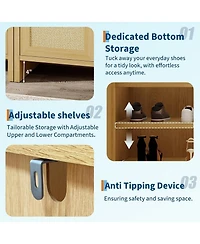 Gaomon Entryway Rattan Shoe Cabinet, Wooden Storage with Adjustable Shelves and Guardrail Top, Freestanding Hallway Rack