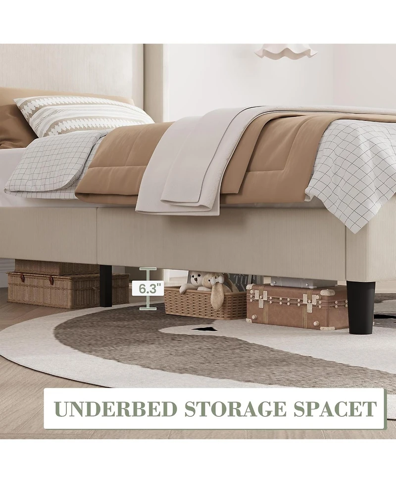 Gaomon Twin Bed Frame with Wingback Headboard, Vertical Stripe Velvet Upholstery, 2 Storage Pockets, Wood Slats