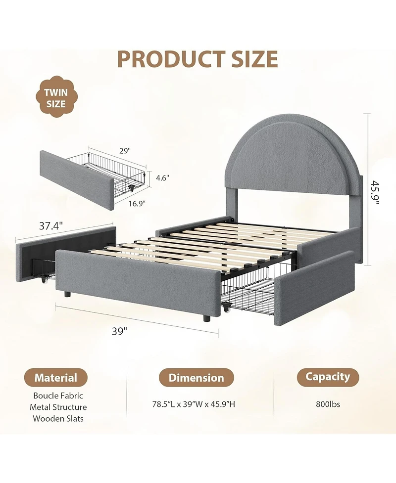 gaomon Boucle Bed Frame with 2 Storage Drawers, Soft Upholstered Platform Round Headboard, Heavy Duty, Wooden Slats