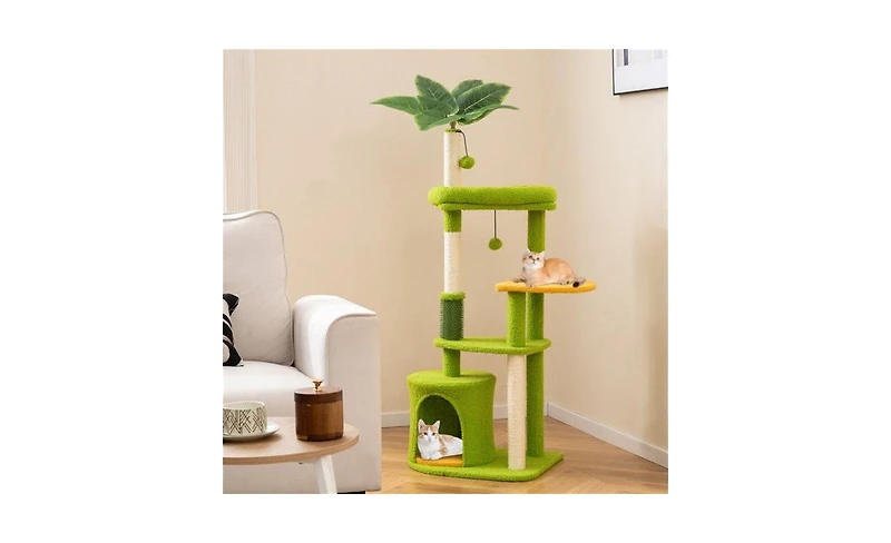 Aostirmotor Tropical-Themed Cat Tree with Self-Grooming Brush, 48-Inch Space-Saving Design with Scratching Posts, Green and Orange Leaves