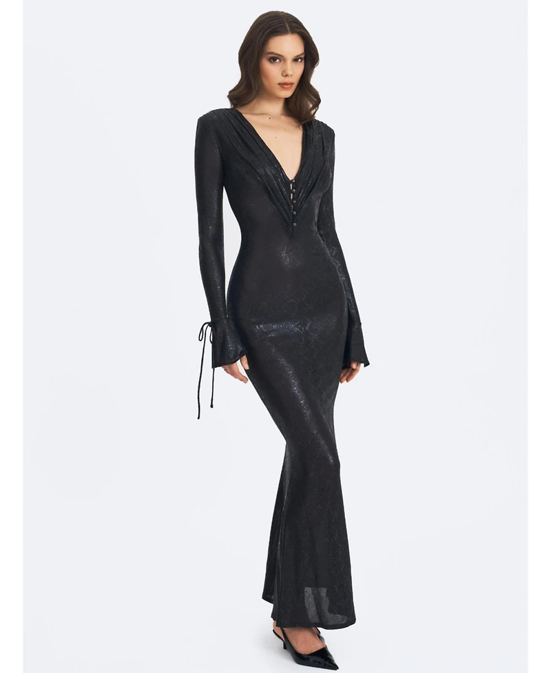 Miss Circle Women's Ilysia Black V-Neck Plunge Snakeskin Mermaid Hem Maxi Dress