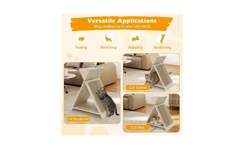 Aostirmotor Space-Saving Cat Scratcher Lounge Combo with Tunnel, 3-in-1 Multi-Level Furniture with Scratching Surface & Wooden Perch