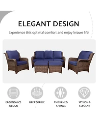 Flynama 5 Piece Rattan Outdoor Sectional Conversation Set 3 Seat Couch Single Chairs Ottomans Gray Navy for Lawn Garden Backyard