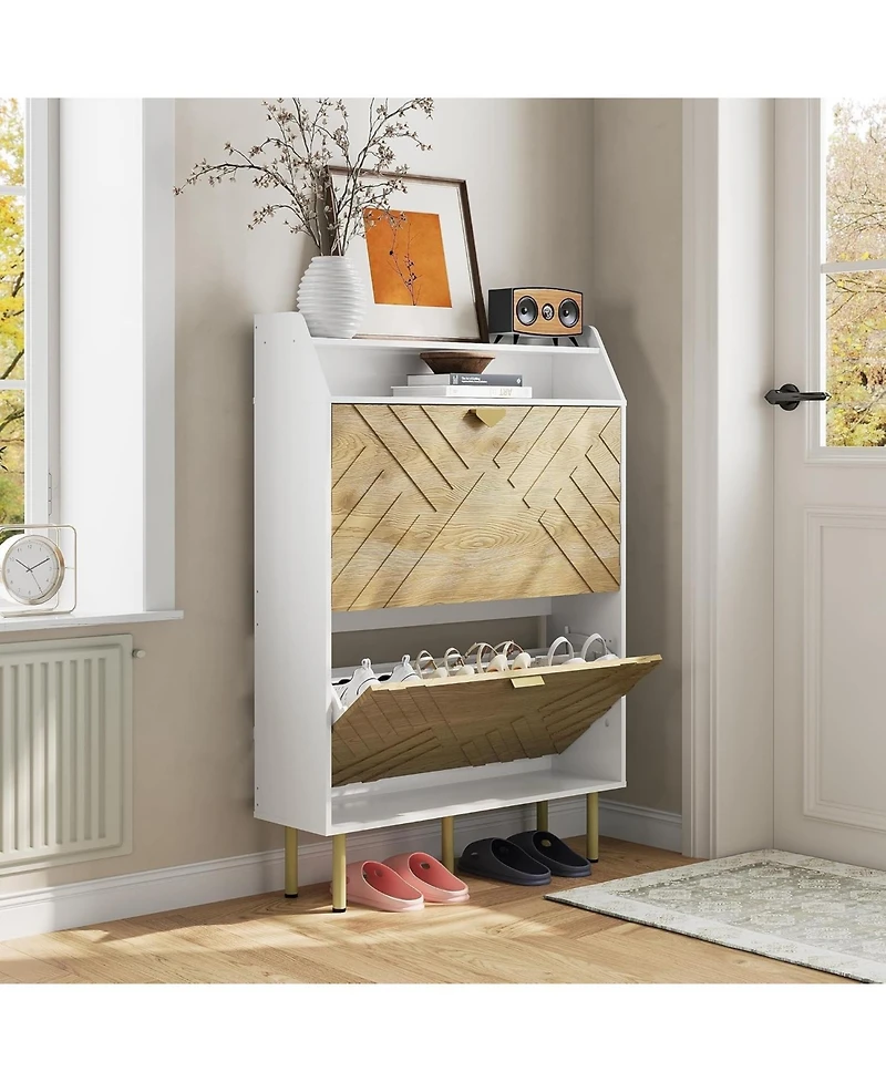 gaomon Slim Wood Shoe Cabinet, 2-Drawer Shoe Storage Organizer with Adjustable Compartments, Freestanding Space Saving Rack for Hallway, Bedroom