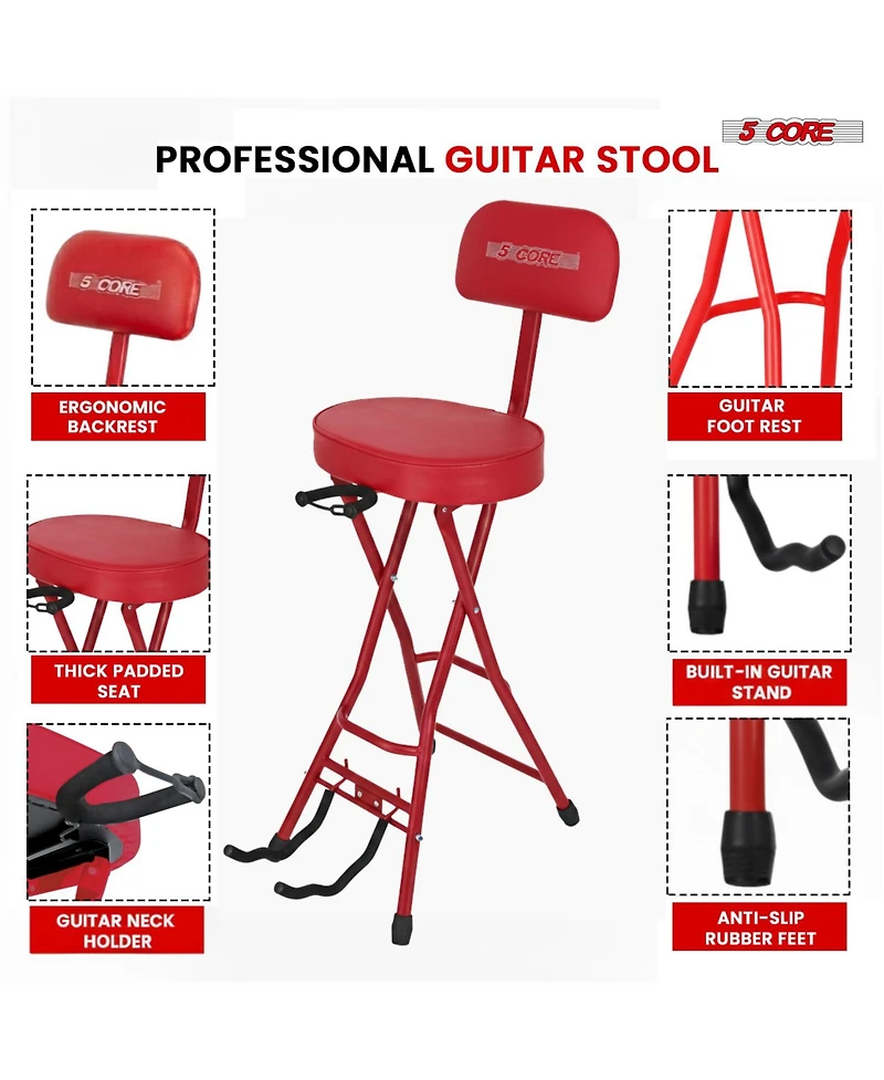 5 Core Guitar Stool 3.15" Padded Chair w Backrest Foldable Music Seat Built in Foot Rest Guitar Stand