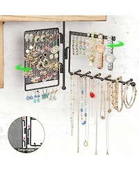 Yigii 4-in-1 Wall Hanging shelves: Wood Shelf, Ring Box, Peg Board, Rotating Necklace Rack