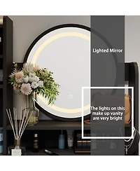 Famapy 5-Drawers White Wood Makeup Vanity Table Dresser Sets Dressing Desk with Led Mirror and Open Shelves