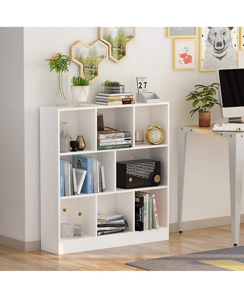 Famapy 5-Shelf Brown Wood Standard Bookcase With 3 Glass Doors and 3 Wood Doors