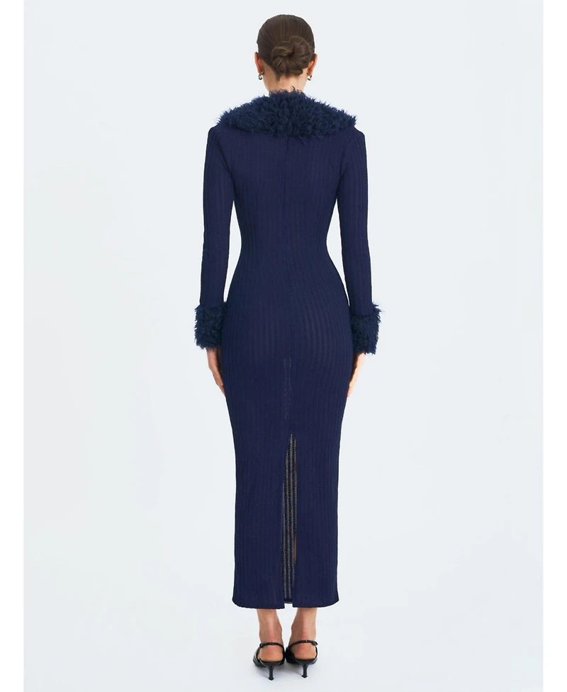 Miss Circle Women's Romina Navy Plunging Fur Trimmed Crochet Maxi Dress