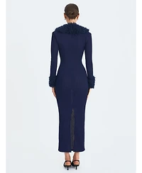 Miss Circle Women's Romina Navy Plunging Fur Trimmed Crochet Maxi Dress