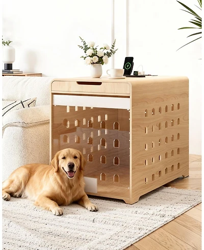 Sugift 37-Inch Oak Dog Crate Furniture with Charging Station, Large Indoor Wood Kennel Side Table with Flip Up Acrylic Door