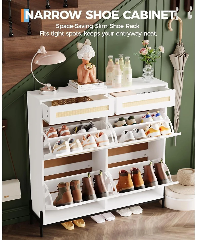 Gaomon Rattan Shoe Cabinet with 4 Flip Drawers & 2 Top Drawers, Slim Wooden Freestanding Organizer Adjustable Shelves