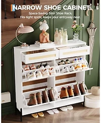 Gaomon Rattan Shoe Cabinet with 4 Flip Drawers & 2 Top Drawers, Slim Wooden Freestanding Organizer Adjustable Shelves