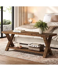 Tribesigns 43.3" Solid Wood Bench, Farmhouse Wooden Entryway Bench with Storage Shelf, X-Shaped Leg Design, Entry Way Shoe Benches Seat