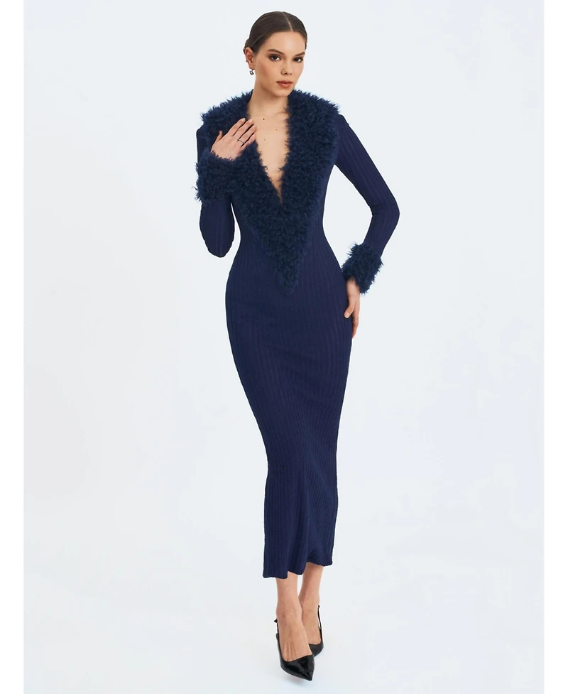 Miss Circle Women's Romina Plunging Fur Trimmed Crochet Maxi Dress