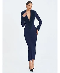 Miss Circle Women's Romina Plunging Fur Trimmed Crochet Maxi Dress