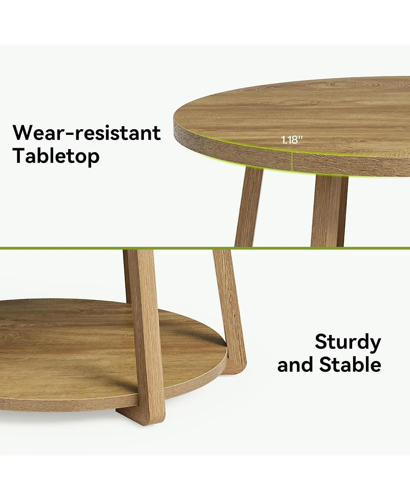 Tribesigns Round Coffee Table with Storage, 2-Tier 31.5" Center Table with Wooden Legs for Living Room & Bedroom