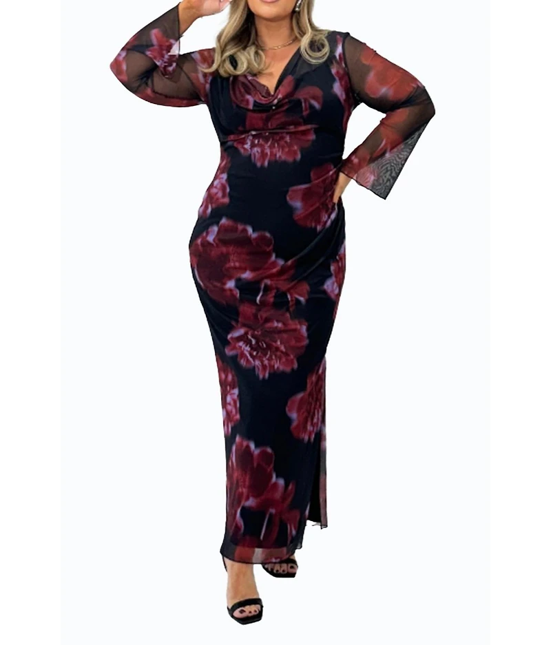 Fashion-szn Curve Women's Cowl Neck Mesh Flare Sleeve Maxi Dress