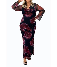 Fashion-szn Curve Women's Cowl Neck Mesh Flare Sleeve Maxi Dress