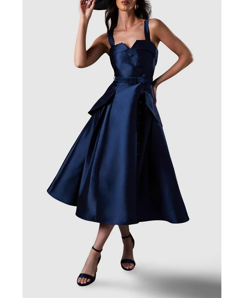 Coast Women's Tan Twill Belted Volume Midi Dress