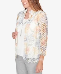 Alfred Dunner Women's Al Fresco Lace Floral Two One Top with Necklace