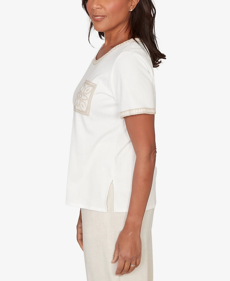 Alfred Dunner Women's Natural Wonder Crochet Pocket Short Sleeve T-shirt