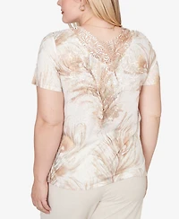 Alfred Dunner Women's Natural Wonder Feather Print Short Sleeve T-shirt