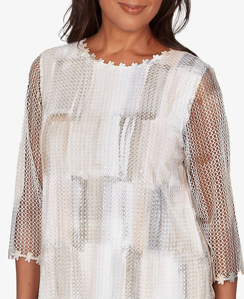 Alfred Dunner Women's Natural Wonder Neutral Brushstrokes Mesh Top