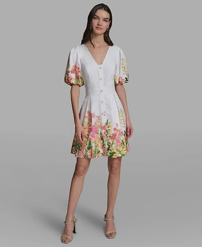 Karl Lagerfeld Paris Women's Floral Border Linen Puff-Sleeve Dress