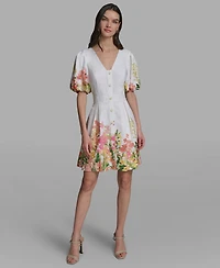 Karl Lagerfeld Paris Women's Floral Border Linen Puff-Sleeve Dress