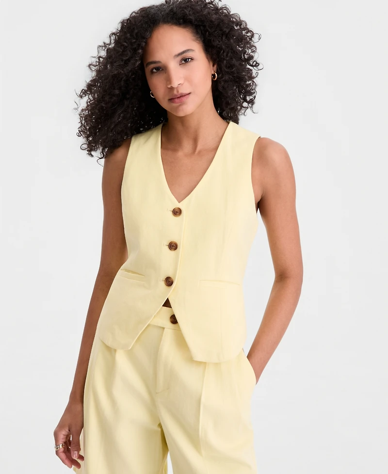 On 34th Women's Linen Blend V-Neck Button-Front Vest, Macy's Exclusive