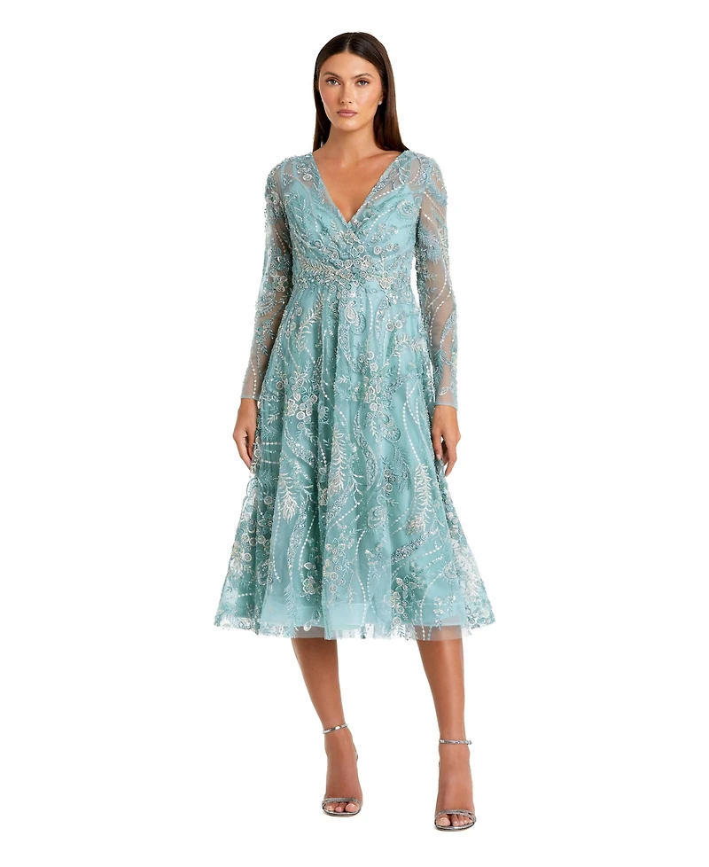 Mac Duggal Women's Floral Embroidered V Neck Long Sleeve Midi Dress