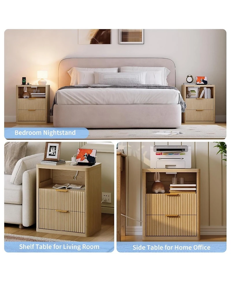 Gaomon 1PC Natural Fluted Nightstand, 2-Drawer Bedside Table with Charging Station & Open Storage