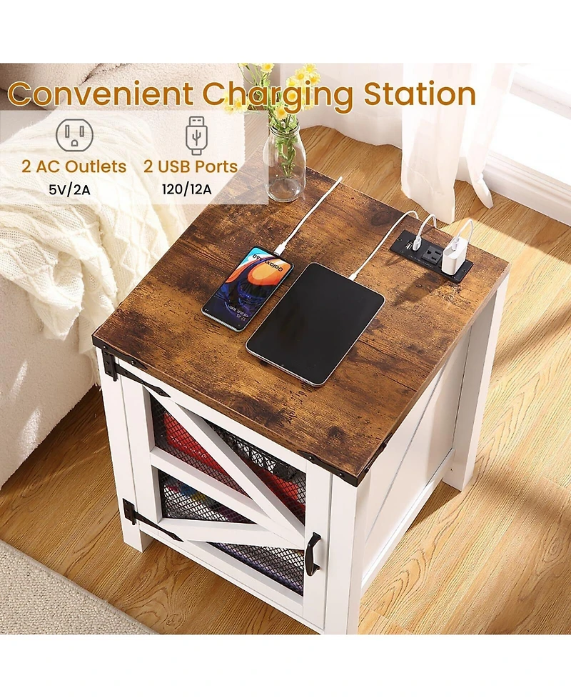 gaomon Farmhouse Nightstand with Charging Station, 18" End Table with Barn Door, Adjustable Shelf, Sofa Side Table for Bedroom & Living Room