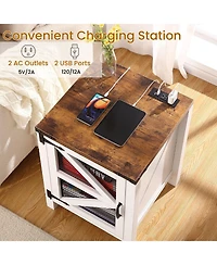 gaomon Farmhouse Nightstand with Charging Station, 18" End Table with Barn Door, Adjustable Shelf, Sofa Side Table for Bedroom & Living Room