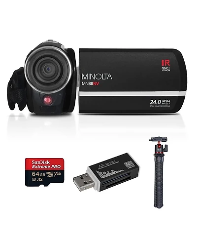 Minolta MN88NV Full Hd 24MP 3" Touchscreen Night Vision Camcorder, microSD Card + Tripod + Card Reader
