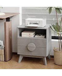 gaomon Fluted Night Stand Set of Wood Tall Nightstands with Charging Station, End Table with 2 Drawers, Oak