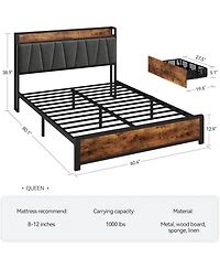 Gaomon Queen Size Bed Frame with Storage Linen Upholstered Headboard, 4 Drawers Platform Bed Frame with Charging Station, No Box Spring