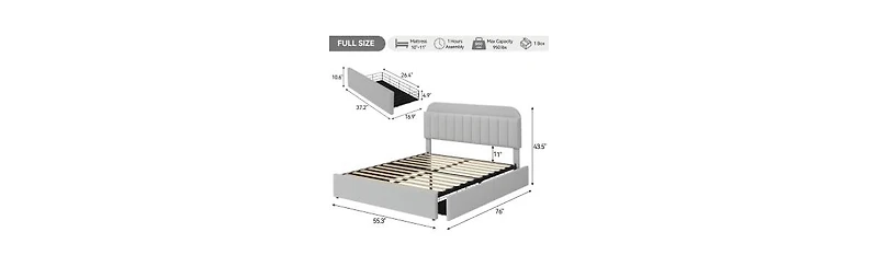 gaomon Full Bed Frame with Storage Headboard, Kids 2 Drawers, Boucle Upholstered Platform Bookcase, No Box Spring Needed, Easy