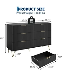 Gaomon 47'' fluted 6 drawer dresser, modern wooden chest with metal handles; wide clothes organizer for bedroom, closet, or Tv stand use