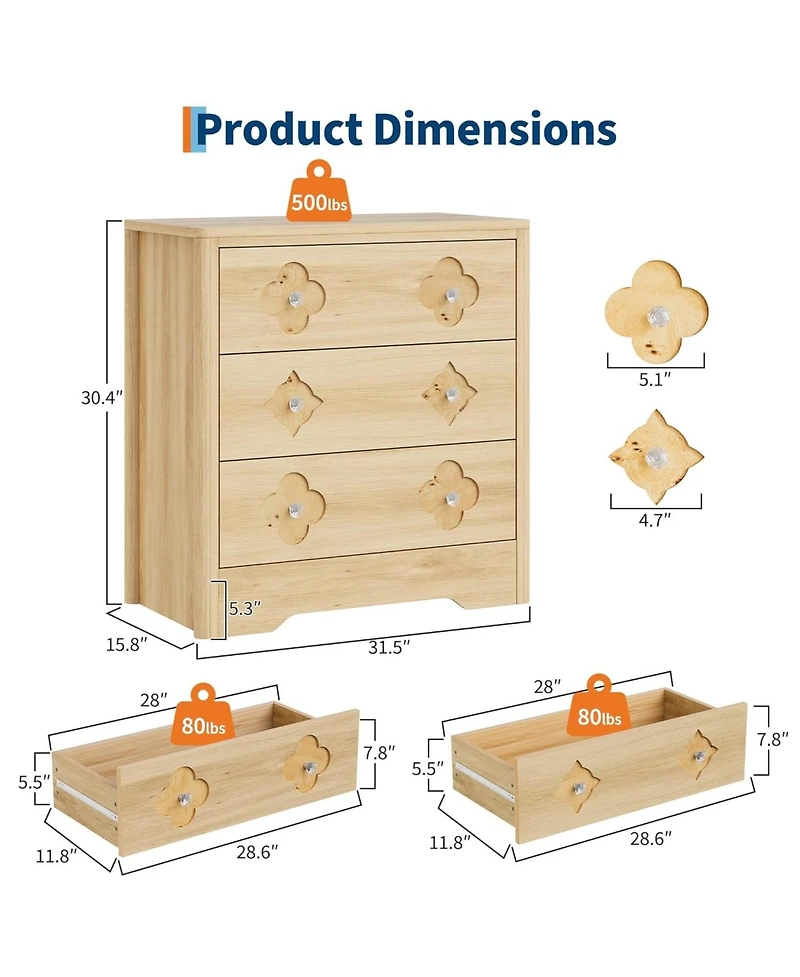 gaomon Oak 3 Drawer Tall Dresser with Decorative Boho Fronts, Bedroom Chest for Closet or Nightstand Use