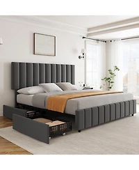 gaomon King Linen Upholstered Platform Bed Frame with 4 Storage Drawers, Adjustable Headboard, Wooden Slats Support.