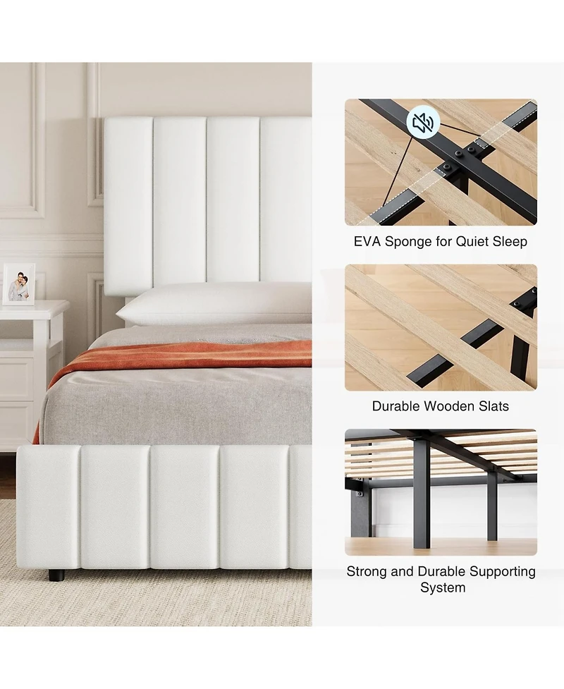 gaomon Queen Linen Upholstered Platform Bed Frame with 4 Storage Drawers, Adjustable Headboard, Wooden Slats Support.