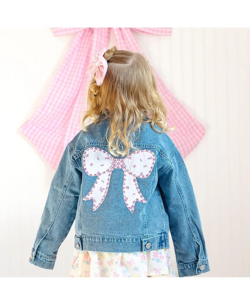 Sweet Wink Little Girls Pearl and Gemstone Floral Bow Patch Denim Jacket